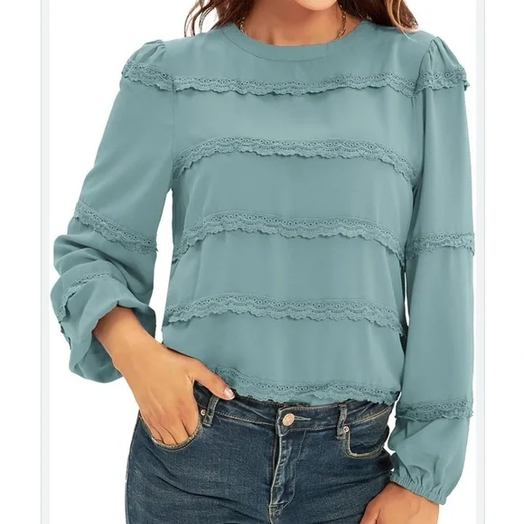 Grace Karin Blue Lace Ruffle Crewneck Blouse Size L - Picture 1 of 12